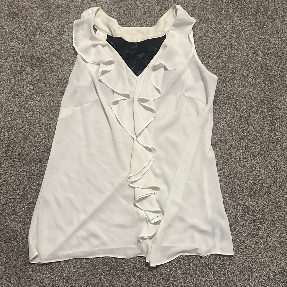 AB Studio White Ruffled Blouse with Black Accent